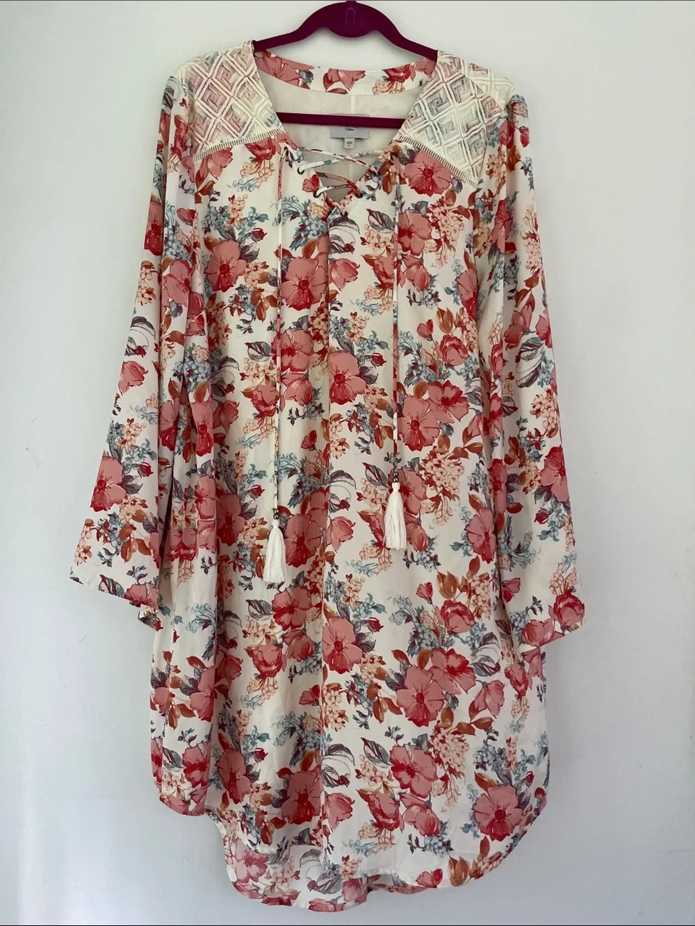 Haute Hippie Tribe  Antique Floral Lac Tassel Tunic Dress in Cream & Coral Large
